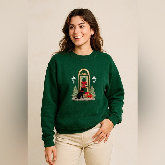 Vintage Tops - VINTAGE Christmas  Crewneck Embroidered Dog Sweatshirt